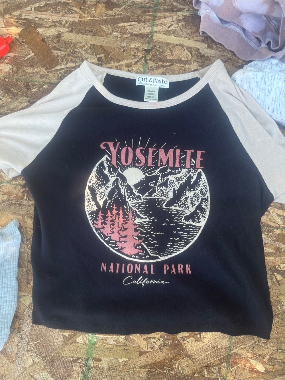Cut & Paste Yosemite Black and Cream Raglan Crop Top